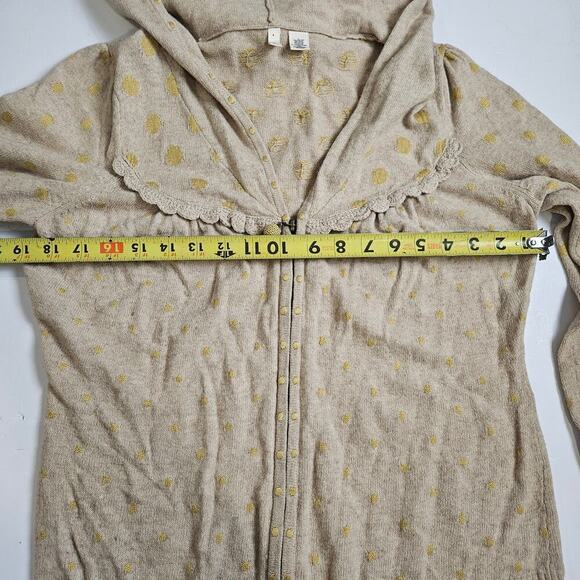 Moth Women Hooded Zip Wool Blend Cardigan Sweater Tan Yellow Dots Large Ruffle - Picture 3 of 9